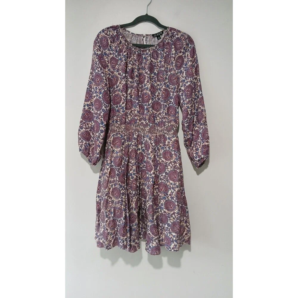 J.Crew Palermo Smocked-Waist Linen Dress Size MT Floral Medallion Casual Coastal